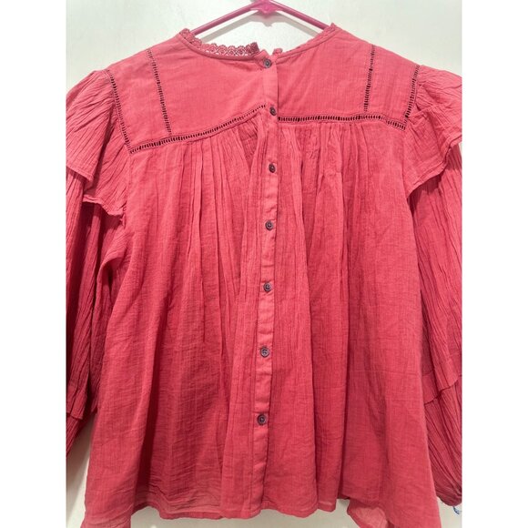 SOLD Free People Laura Prairie Peasant Top Sz Large Pink Eyelet Ruffle Ballon - Picture 12 of 14